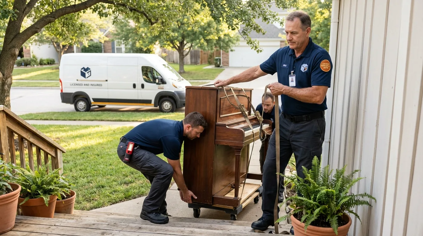 Licensed piano movers securing grand piano in Pontiac, IL
