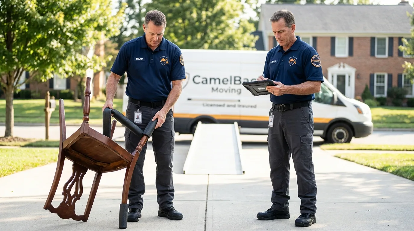 Movers inspecting furniture for damage prevention before loading in Pontiac, IL